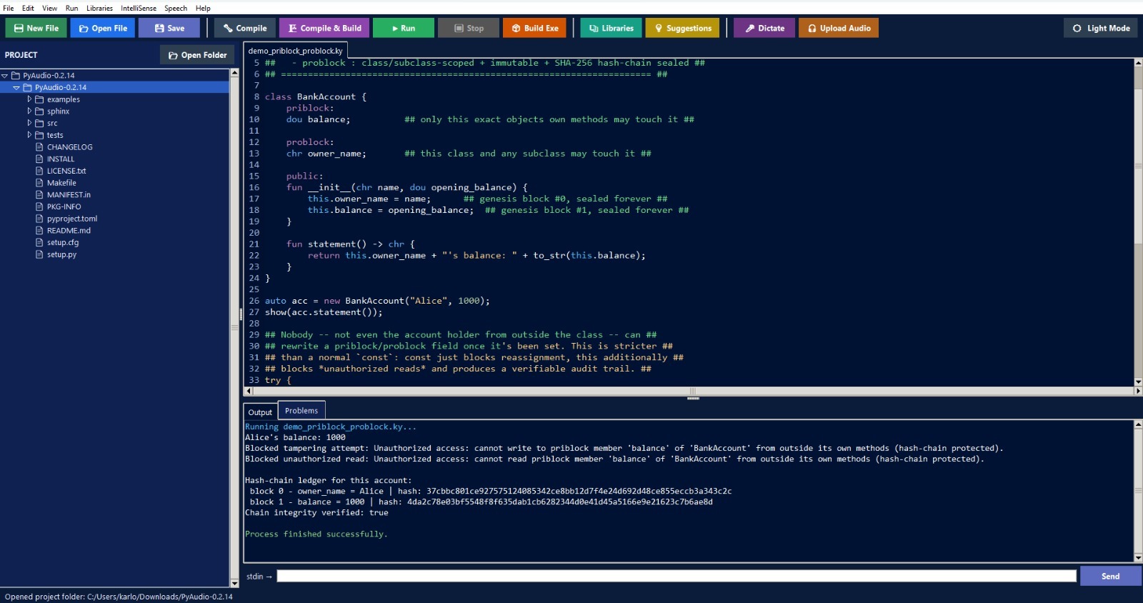Karly IDE in dark mode running demo_priblock_problock.ky with the hash-chain ledger output