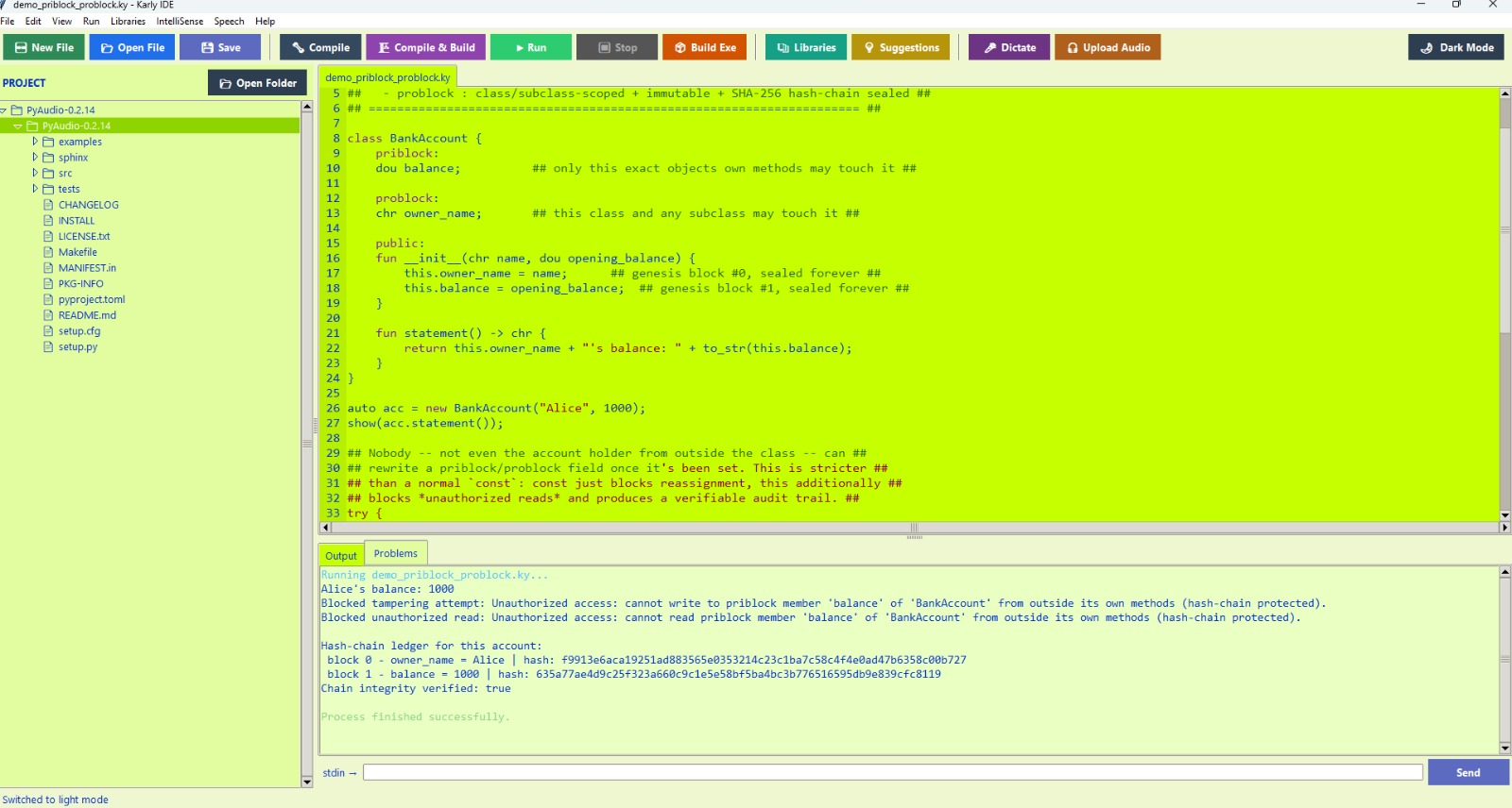 Karly IDE in light mode running demo_priblock_problock.ky with the hash-chain ledger output