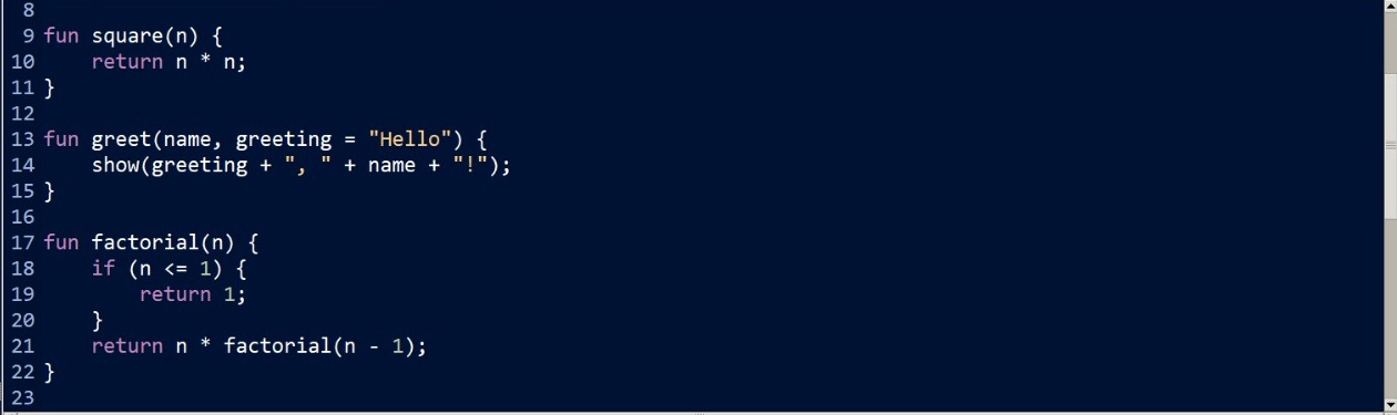 Karly IDE editor showing function definitions in functions_demo.ky